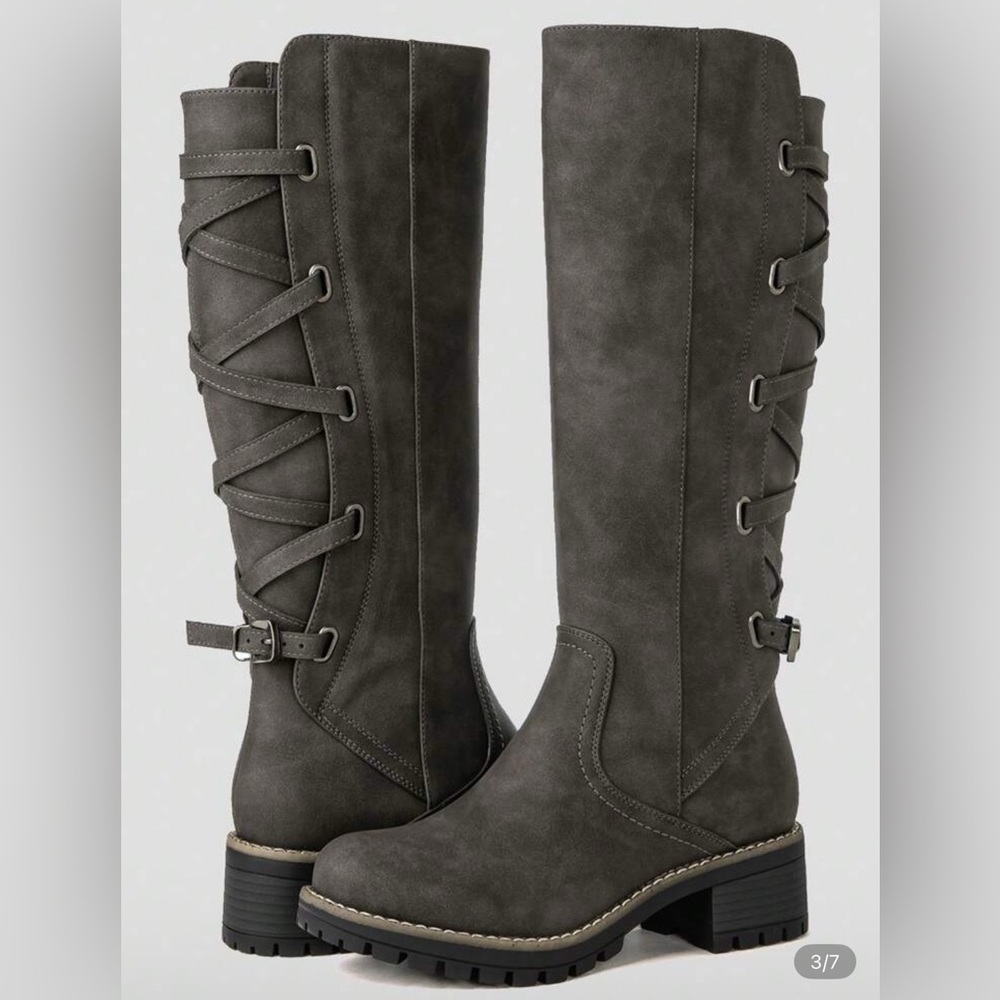 Gray Lace-Up Knee-High Boots